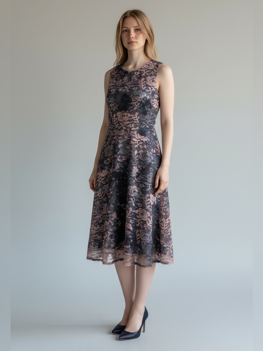 DKNY Sleeveless Lace A-Line Dress in Blush and gray size 6
